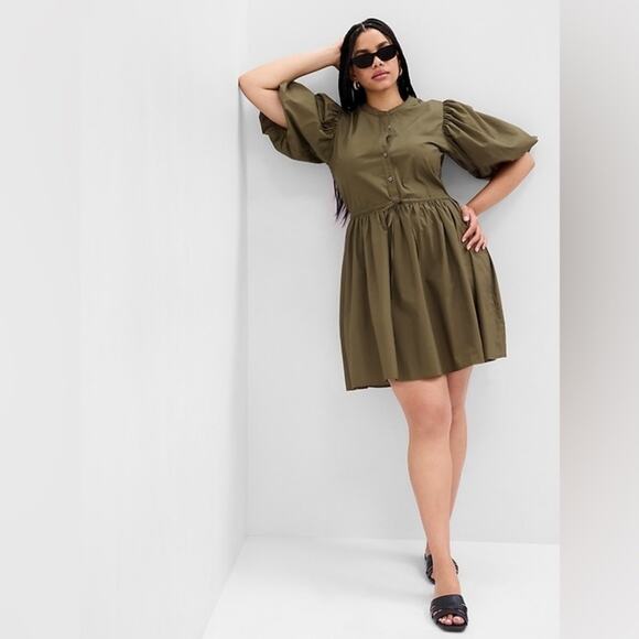 Gap Bubble Sleeve Cotton Poplin Dress Cinch Waist Button Front Size Medium Green - Picture 2 of 15
